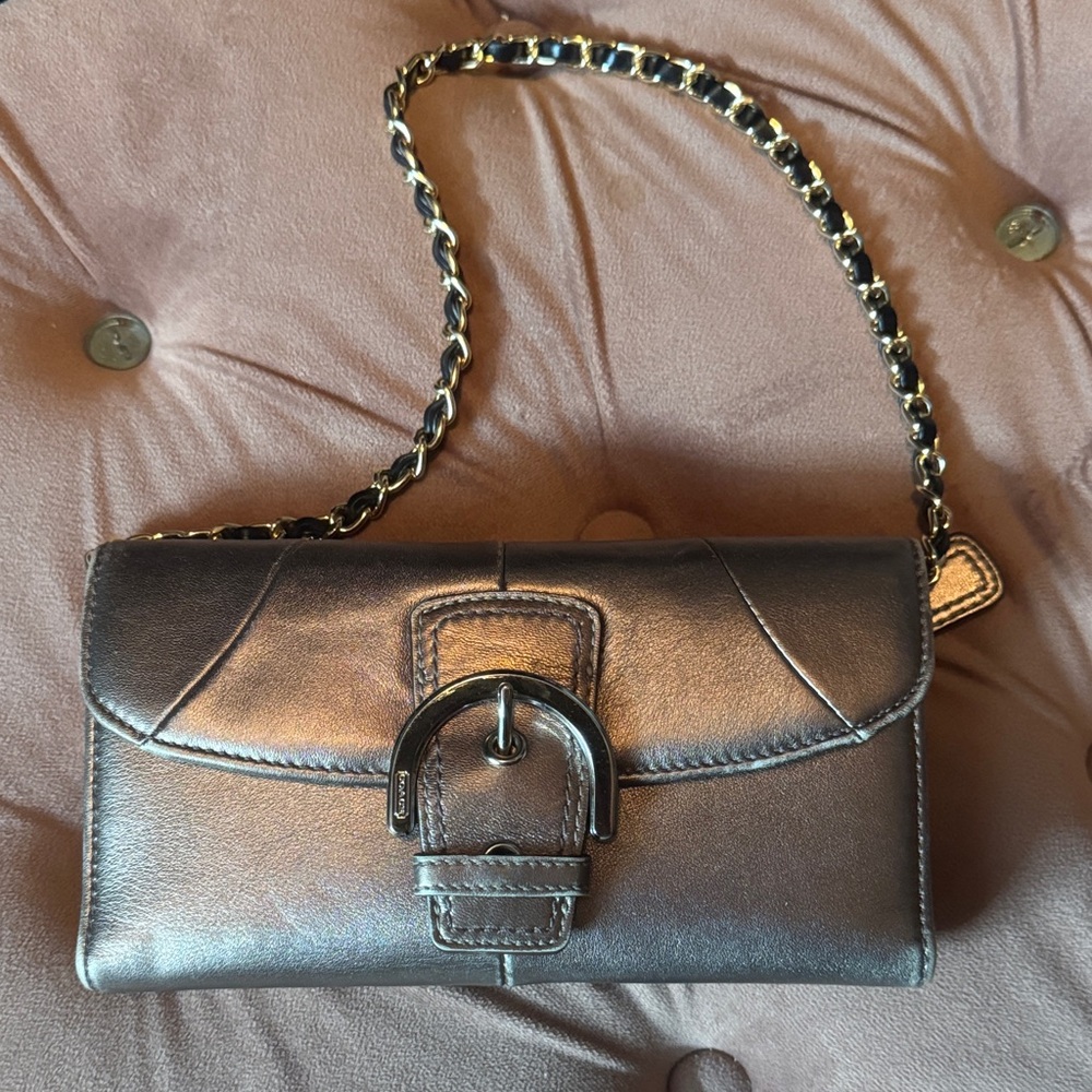 Coach Metallic Gray Clutch with Chain Strap